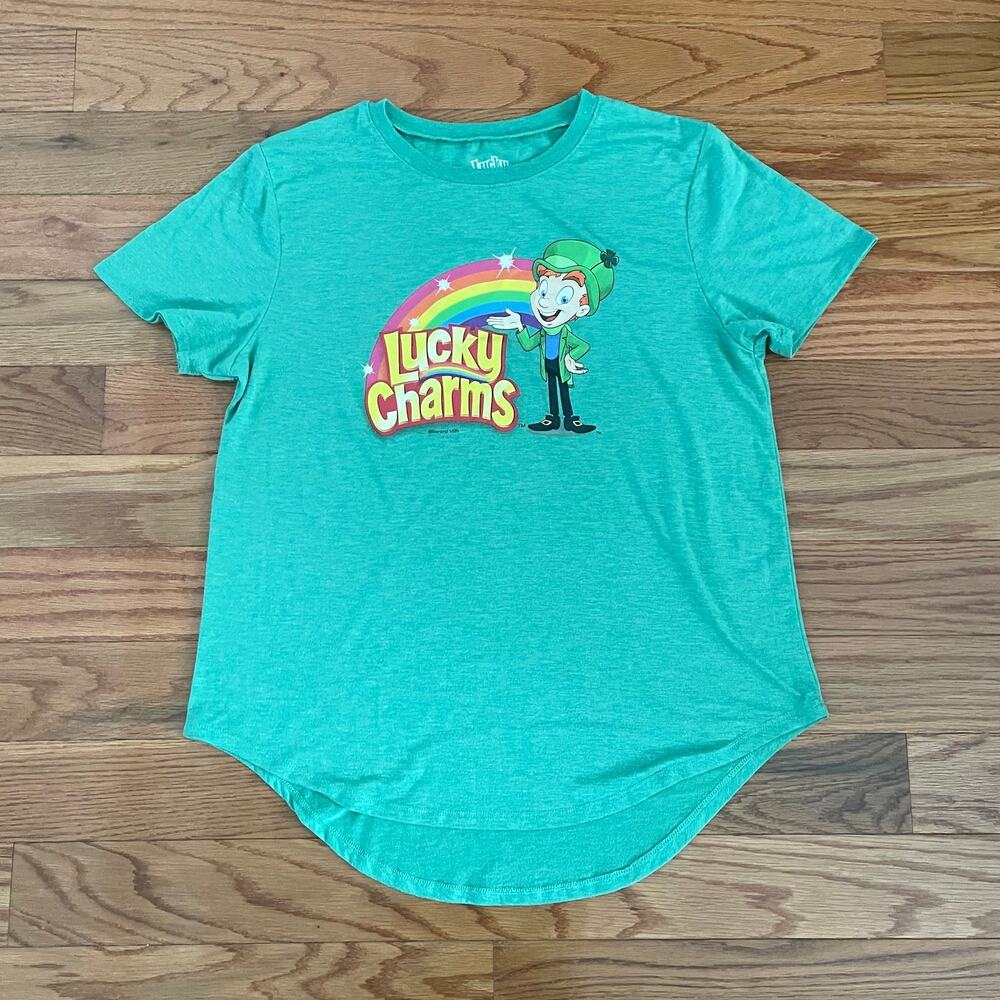Lucky Charms Womens XL Green T Shirt General Mills Branded Cereal Logo Tee